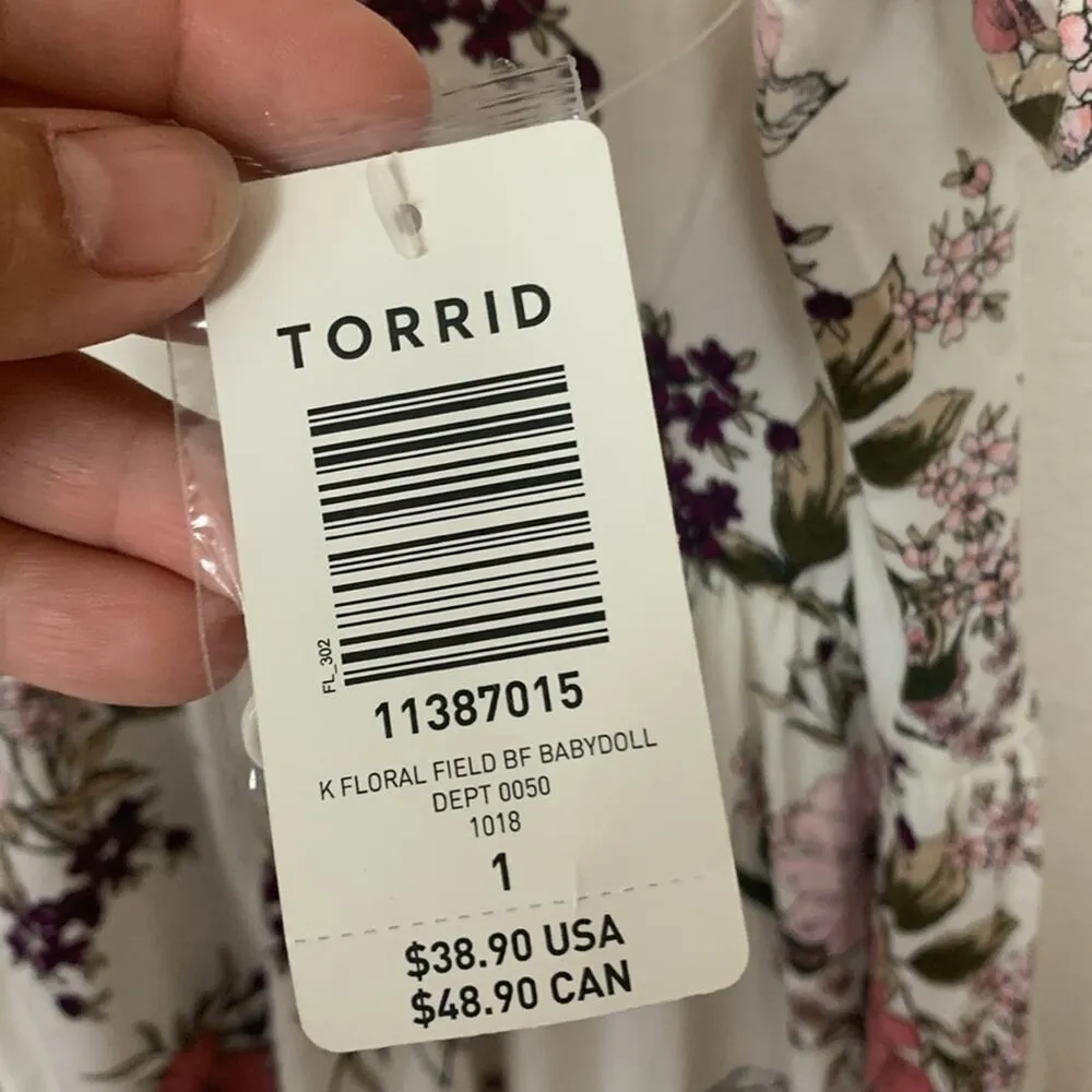 Torrid size 1 1X short sleeve babydoll shirt new button floral white red flowy - Image 7