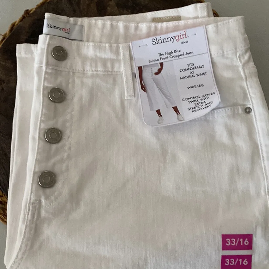 SkinnyGirl high rise button front cropped jeans pants wide leg white 33 16 NWT - Image 3