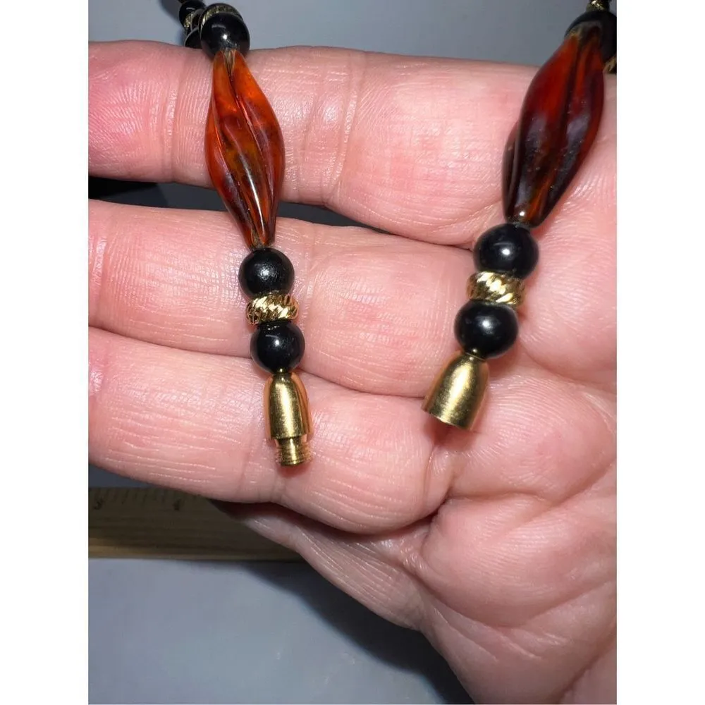 Vintage Monet Faux Amber and Black Plastic Bead Barrel Closure Necklace 36” - Image 7