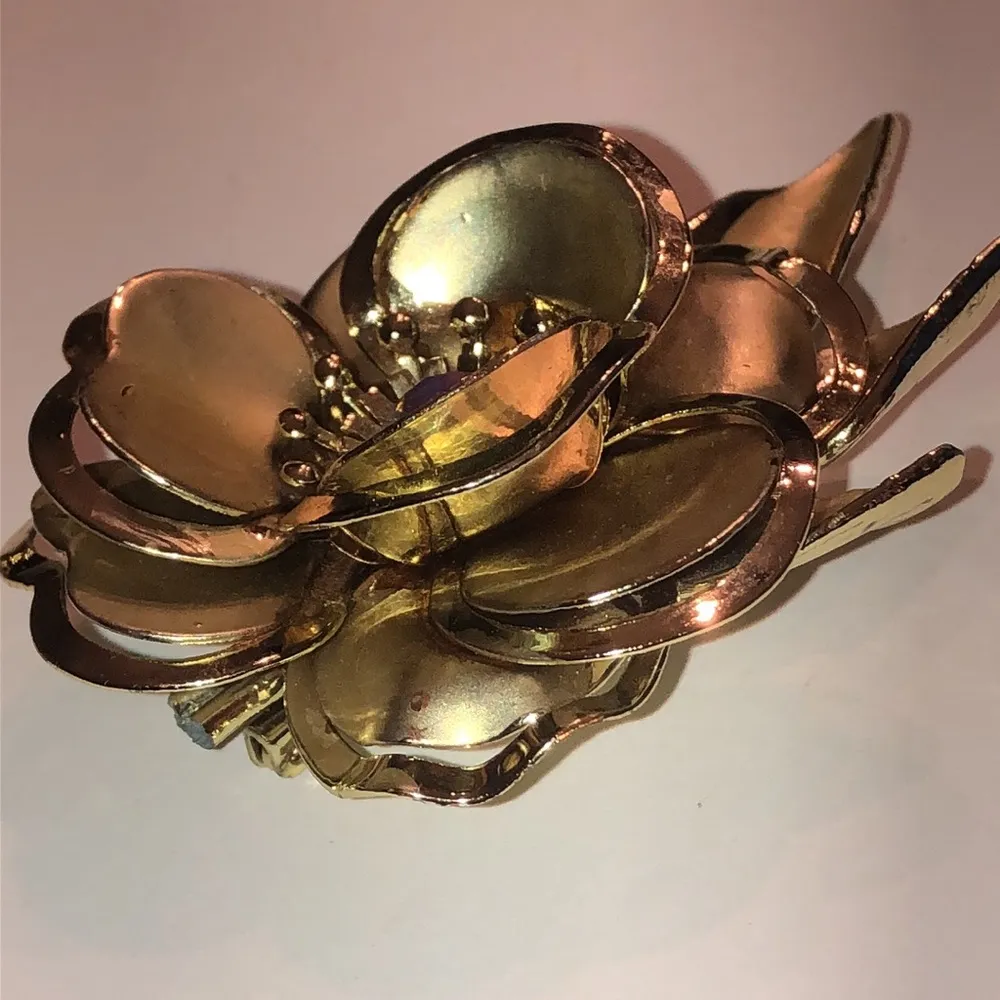 Vintage Satin Soft Light Gold Tone 3D Flower CZ Rhinestone Brooch Shoulder Pin - Image 6