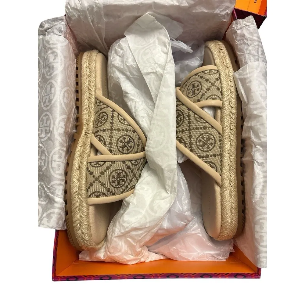Tory Burch T Monogram Crisscross Espadrille Cream Slide Sandals Size 9 New - Image 4