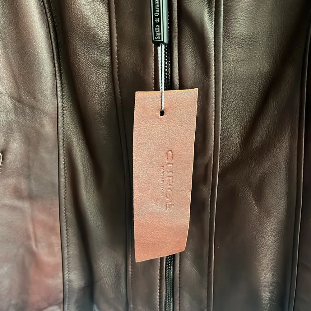 Italian Brown Leather Zip Up Jacket Made by CURGÈ Woman size Large or EU 46 NWT - Image 3