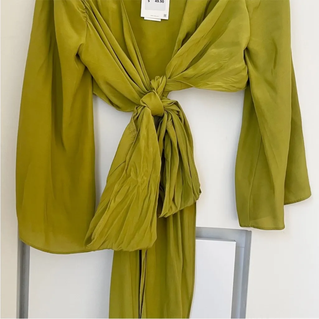 NWT Zara Lime Green Satin Silk Wrap Blouse XS - Image 5