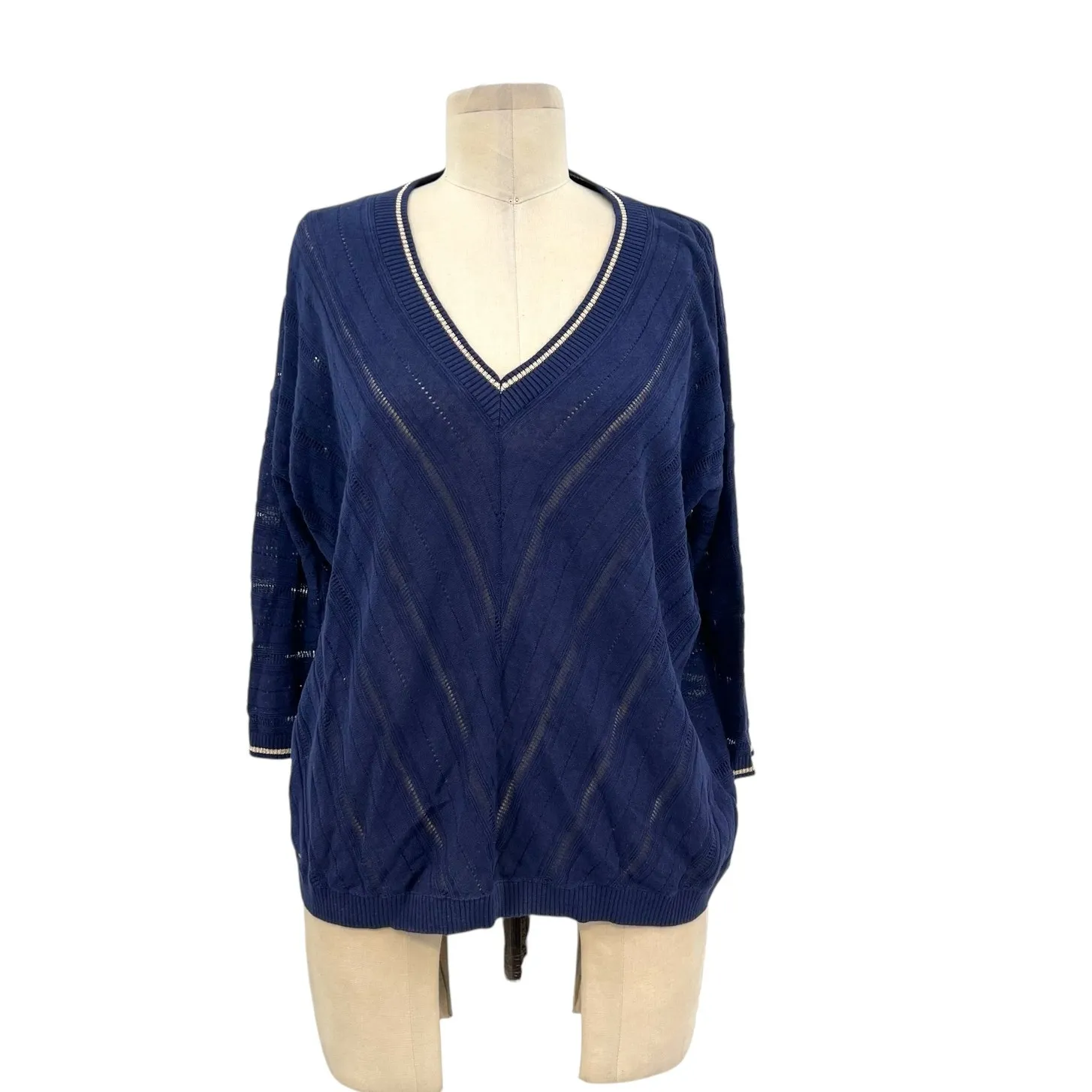 Gerard Darel Laelia Sweater Linen Cotton Pointelle Blue Gold Size 2 US Medium - Image 3