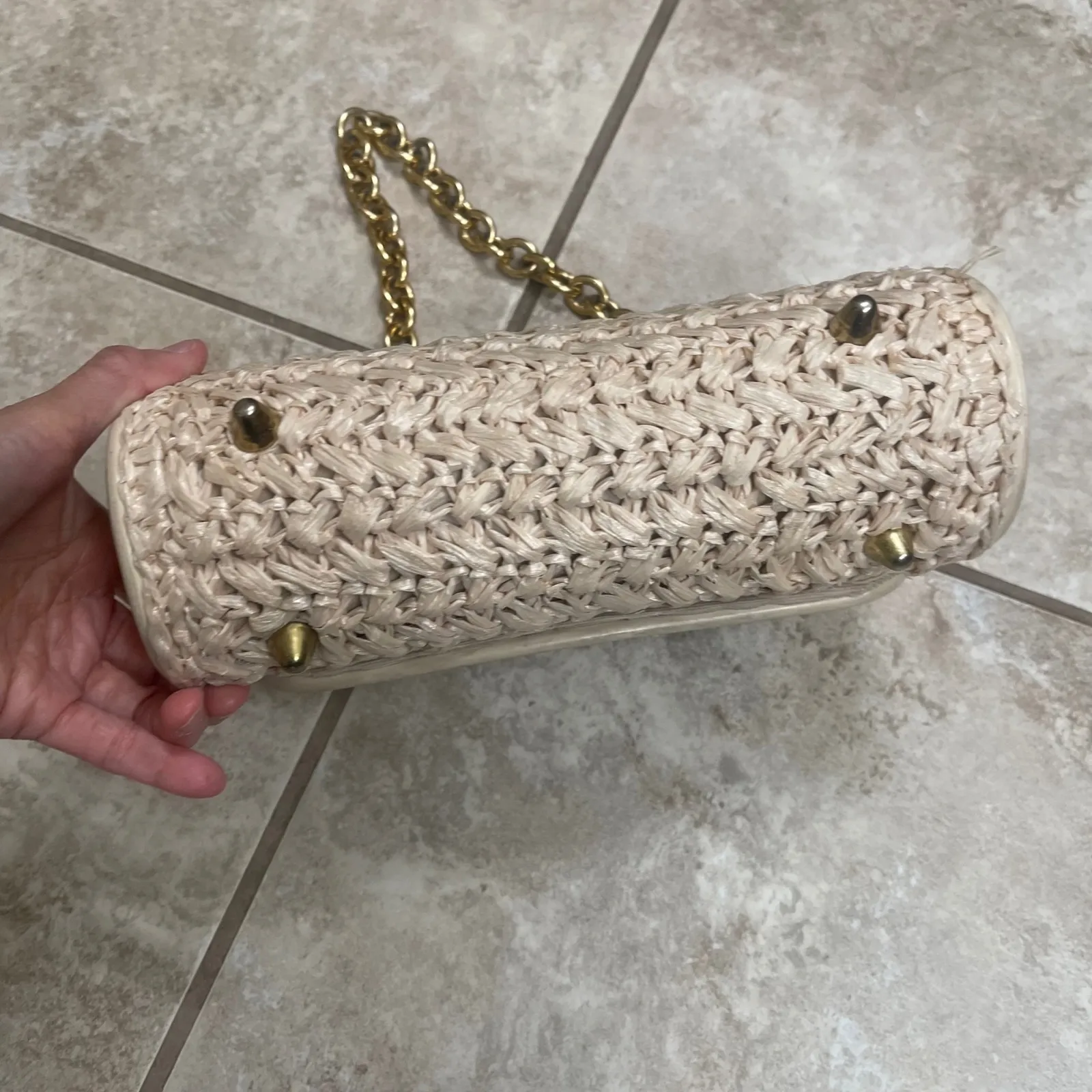 Winkelman's Straw Woven Clutch Bag Gold Chain Strap Purse Vintage Japan EUC Tan - Image 4