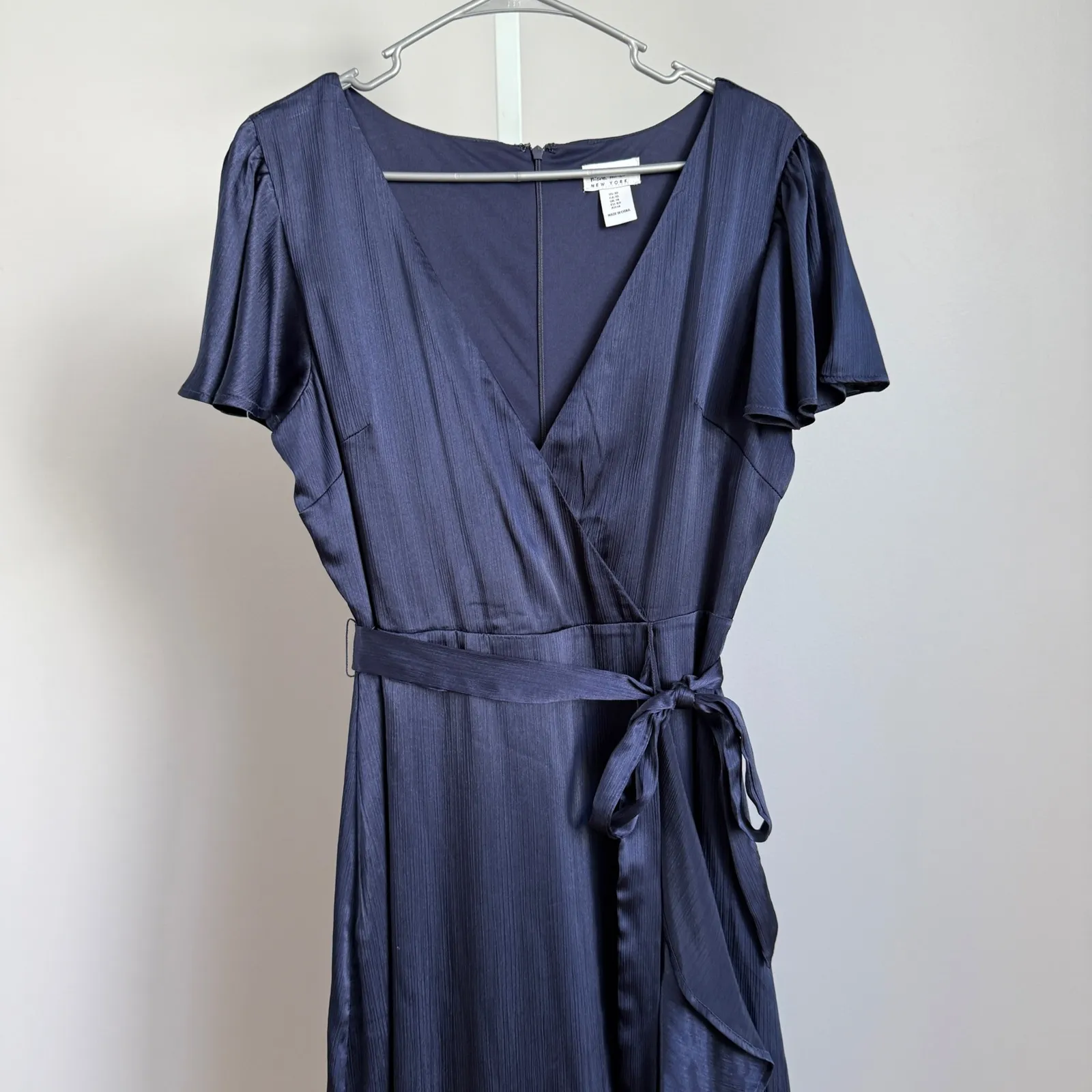 Nicole Miller New York sz 10 Blue Wrap Midi Dress Ruffle Flutter Cocktail Luxury - Image 2