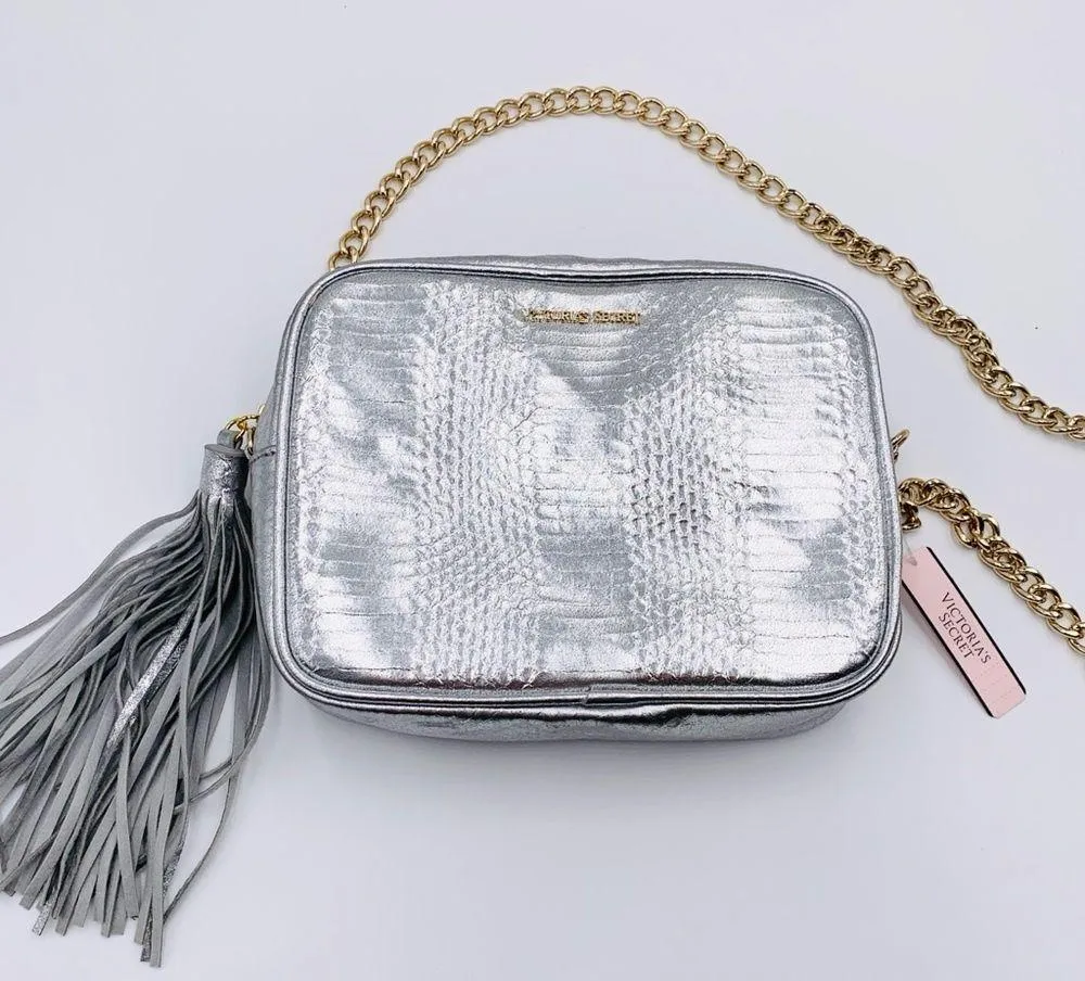 NWT Victoria’s Secret Metallic Silver Embossed Tassel Crossbody Bag Purse - Image 11