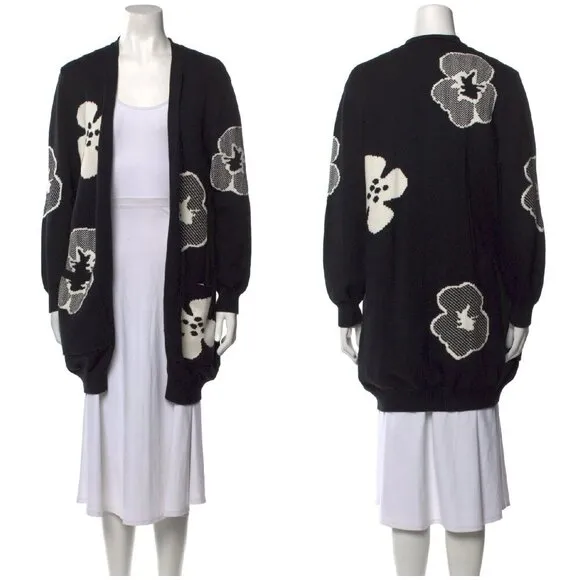 💕MAXMARA💕 Knit Open Front Cardigan Black White Abstract Floral Print Medium - Image 2