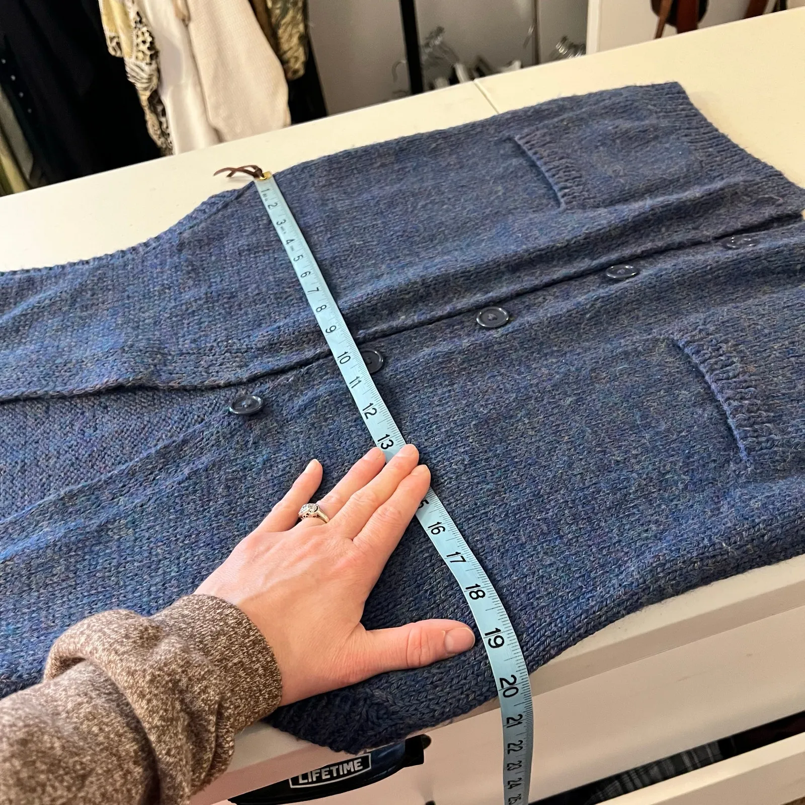 Handmade Blue Woven Knit Button Closure with Pockets Sweater Vest Size Medium - Image 7