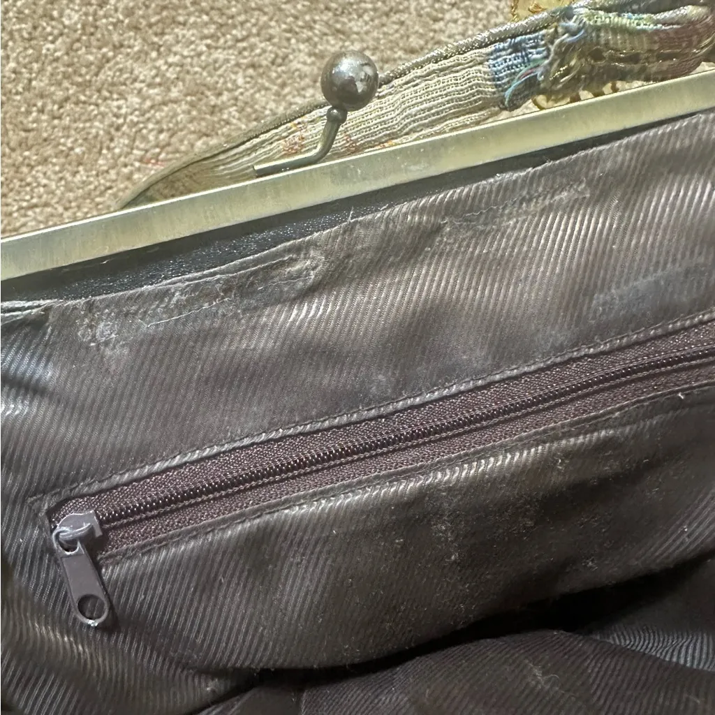 Textured fabric art kiss lock purse fairy cottage core lace Gypsy carpet bag art Green - Image 3