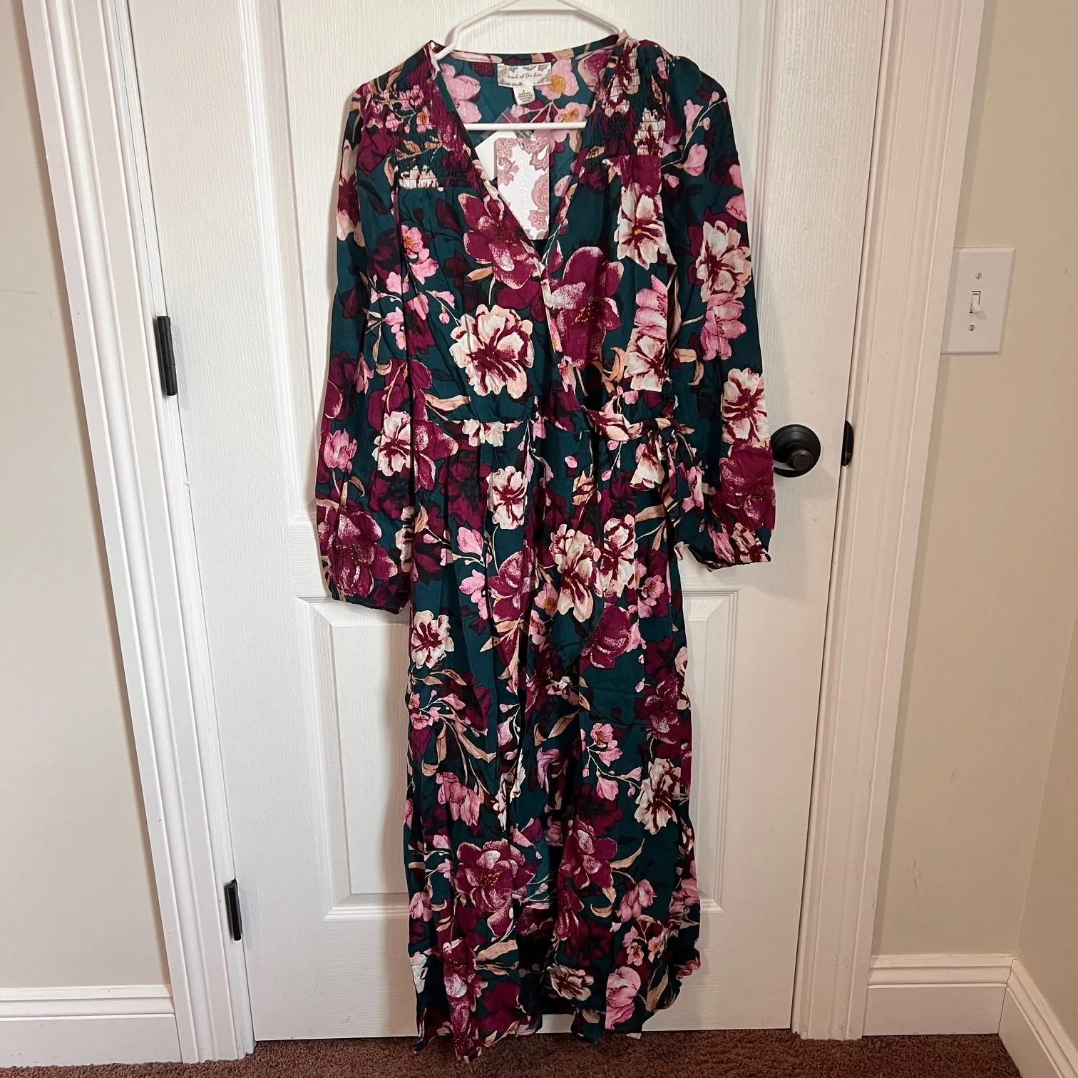 Band Of The Free Women's V-Neck Floral Wrap Maxi Dress Pine Plum Size Small - Image 4
