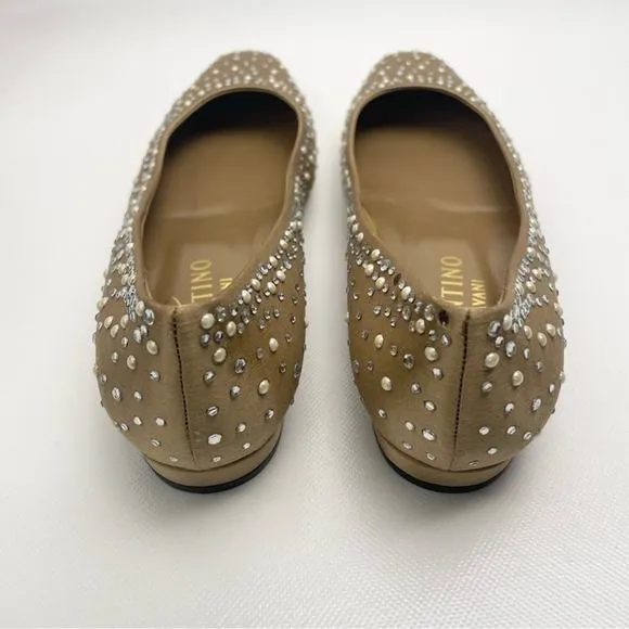 Valentino Flats Size 8 Satin Neutral Pearl Crystal Rhinestone Glam‎ Baddie Tan - Image 4