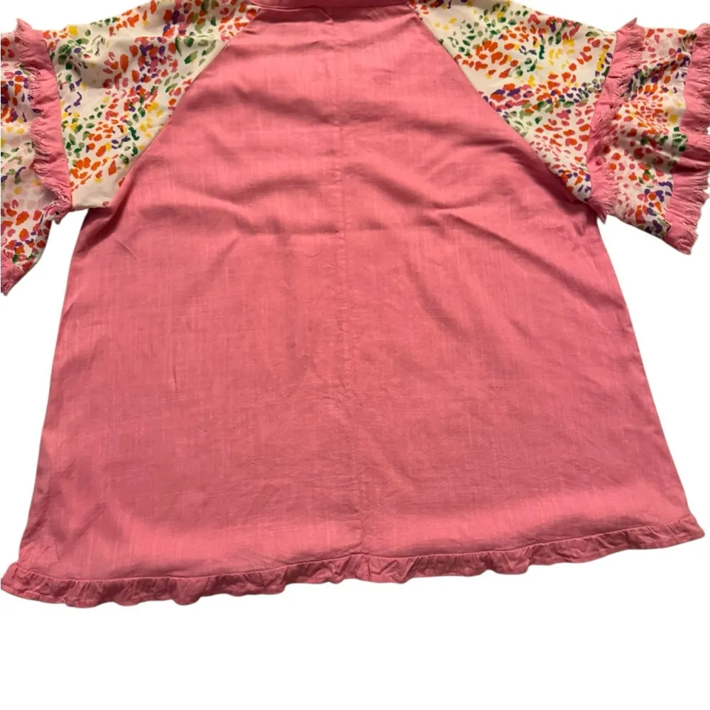 Umgee Blouse Womens 1XL Short Sleeve Pink Frayed Ruffled Cheetah Top Boho.   C42 - Image 10