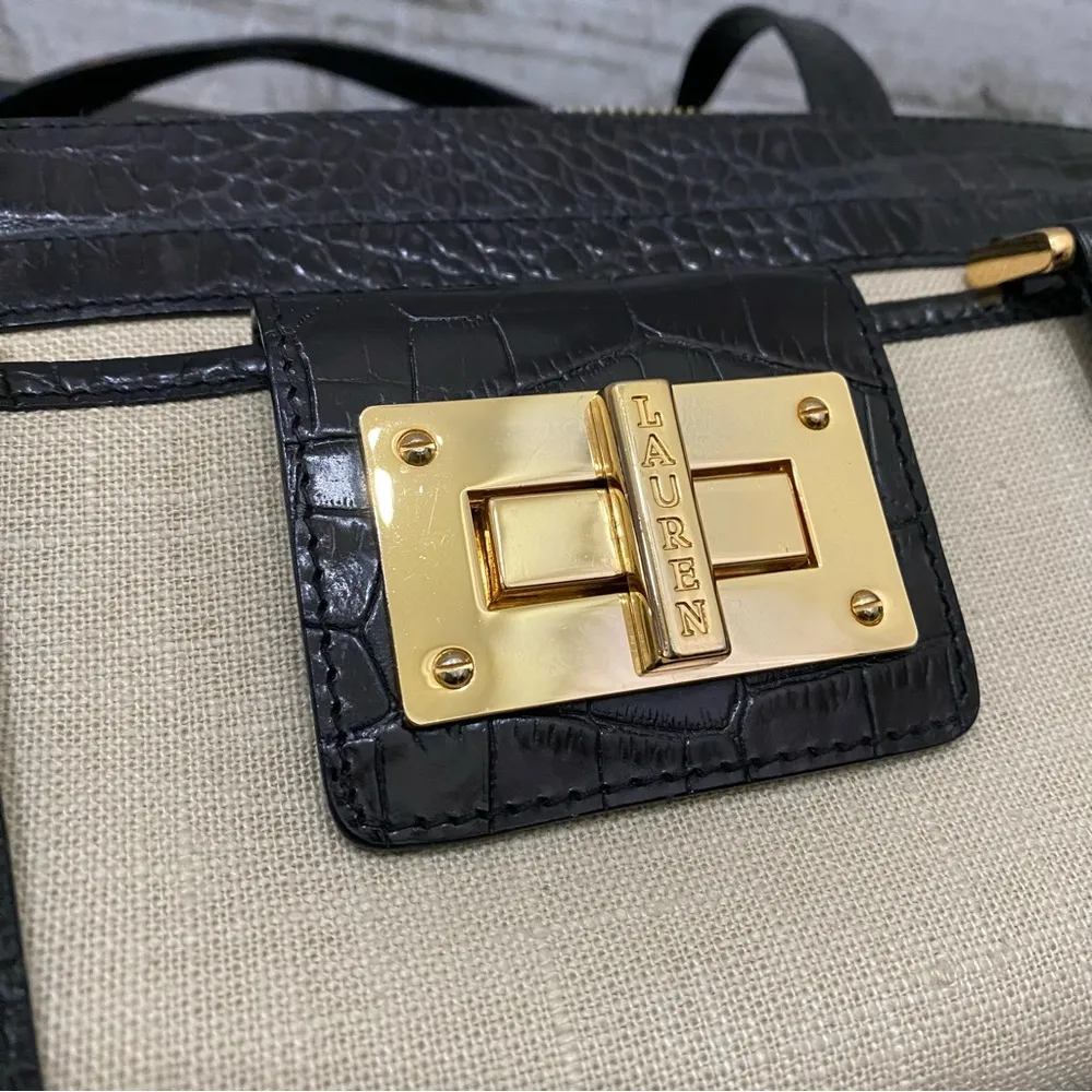 Lauren  Black Croc Leather Beige Canvas Gold Turnlock Shoulder Bag - Image 13