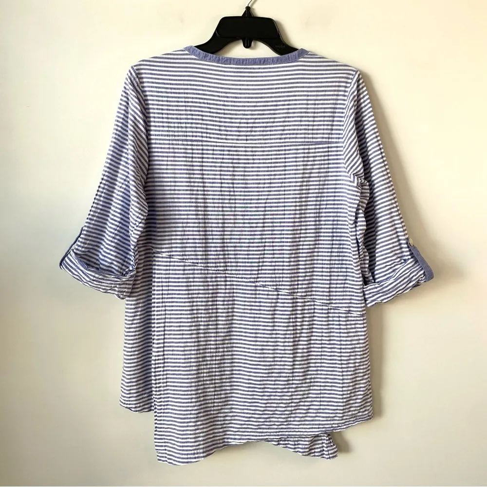 Habitat Striped Gauzy Henley Asymmetrical Top Blue S Lagenlook - Image 3