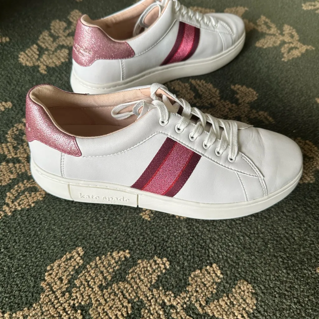 Kate Spade White and Burgundy Women's Sneakers size 10B - Image 3
