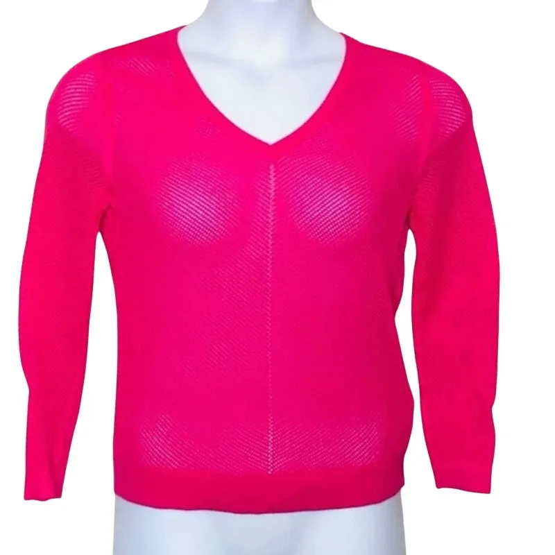 Banana Republic Bright Pink Open Knit V-Neck Sweater PS Lightweight Barbiecore - Image 6