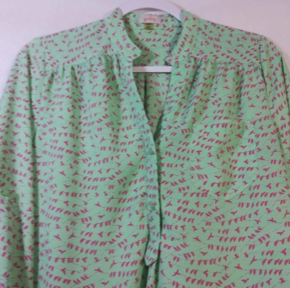 Pixley Mint Green Pink Birds Roll Tab Sleeve Blouse Top Size M Size M - Image 4