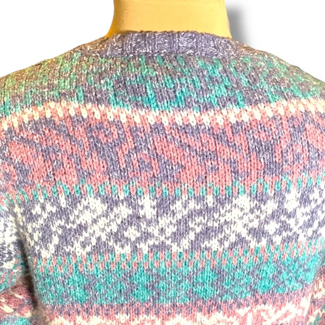 Vintage Carole Little St Tropez Wear Pastel Knit Sweater 90s Abstract Art Medium Pink - Image 4