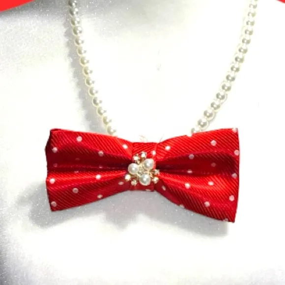 “Dainty Dapper” Red Bowtie Pearl Necklace - Image 2