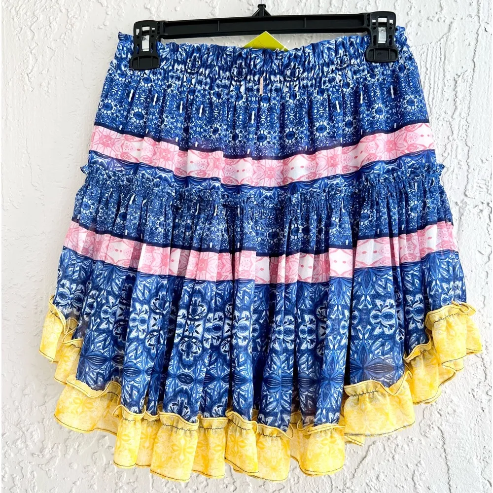 MISA Marion mini skirt in tile print blue yellow size small - Image 7