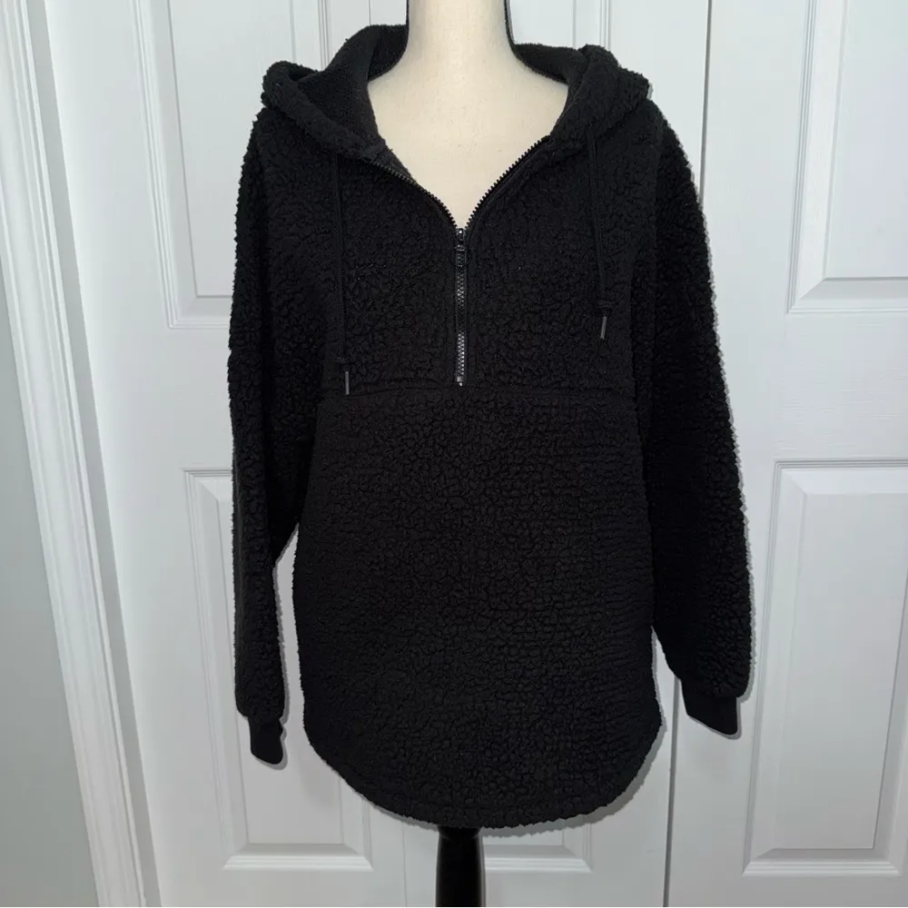 PINK Victoria's Secret‎ Black Cozy Sherpa Hoodie pockets Small Oversized - Image 2