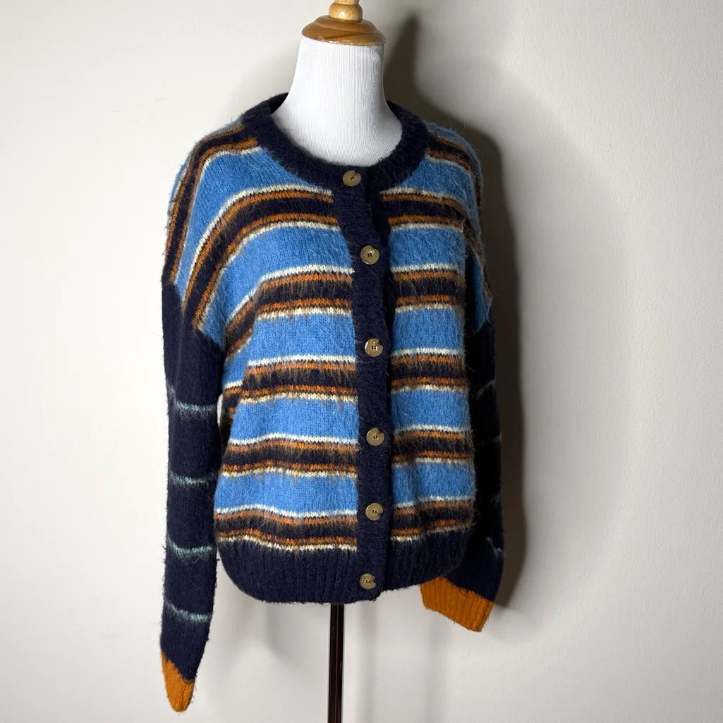 Stine Goya Ash Navy Striped Fluffy Knit Cardigan Blue - Image 3