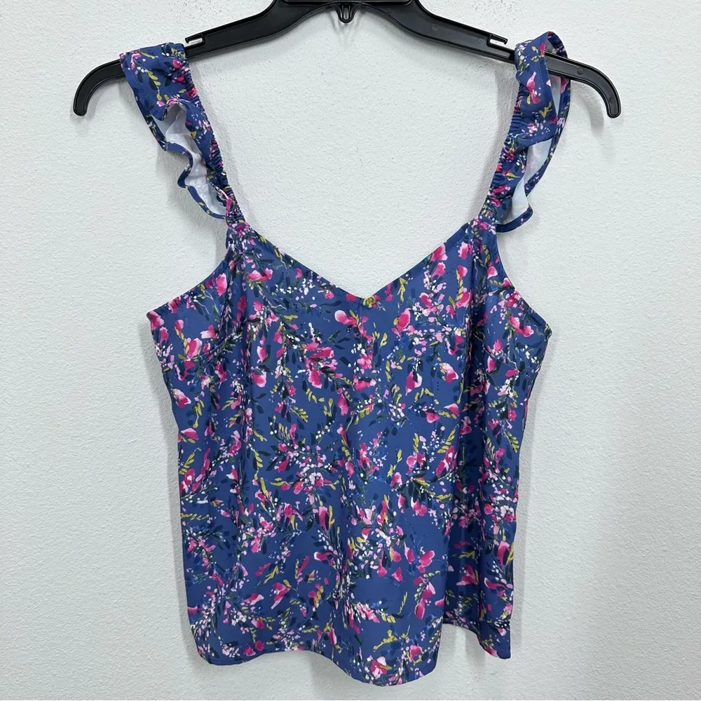 French Connection‎ Women's Size Small Tank Blue Ruffle Floral Delicate Feminine - Image 2