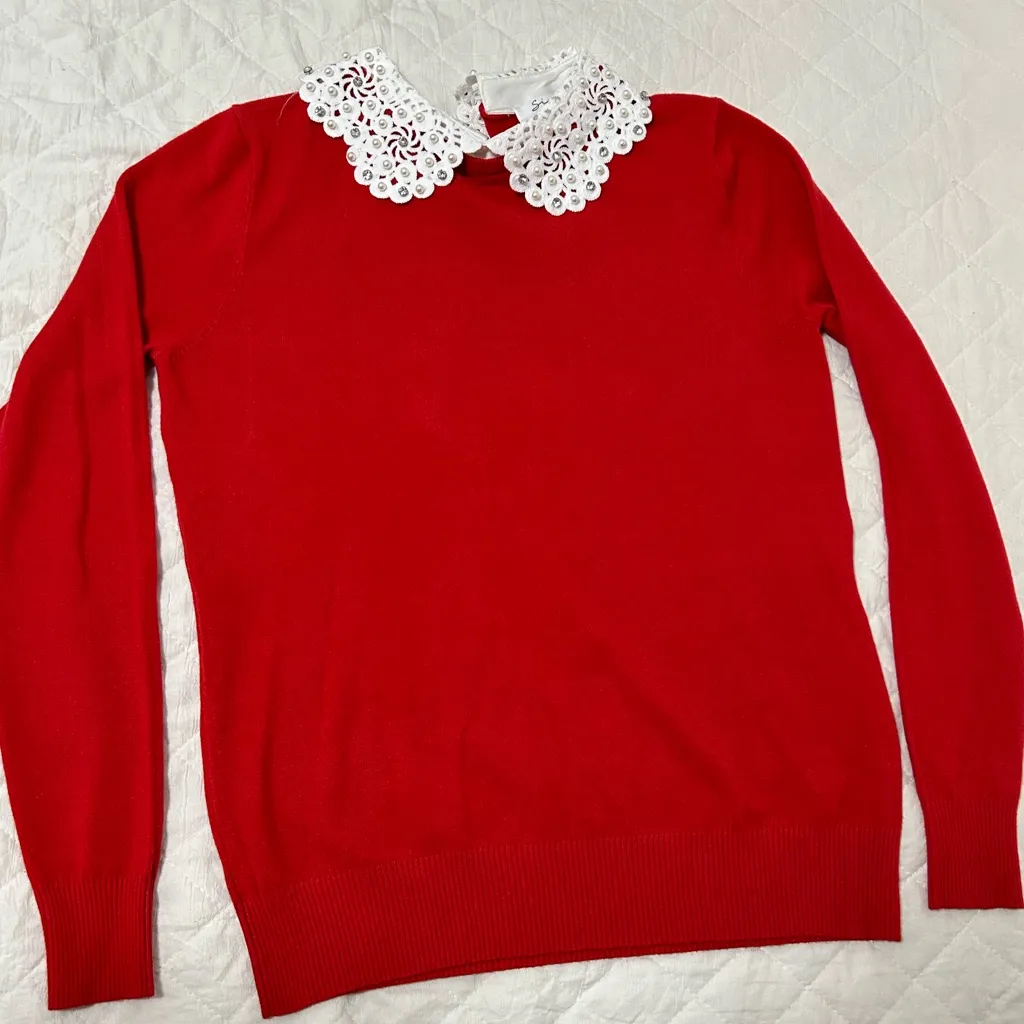 Siano Milano Elegant Red Lace Collar sweatshirt Size M - Image 5