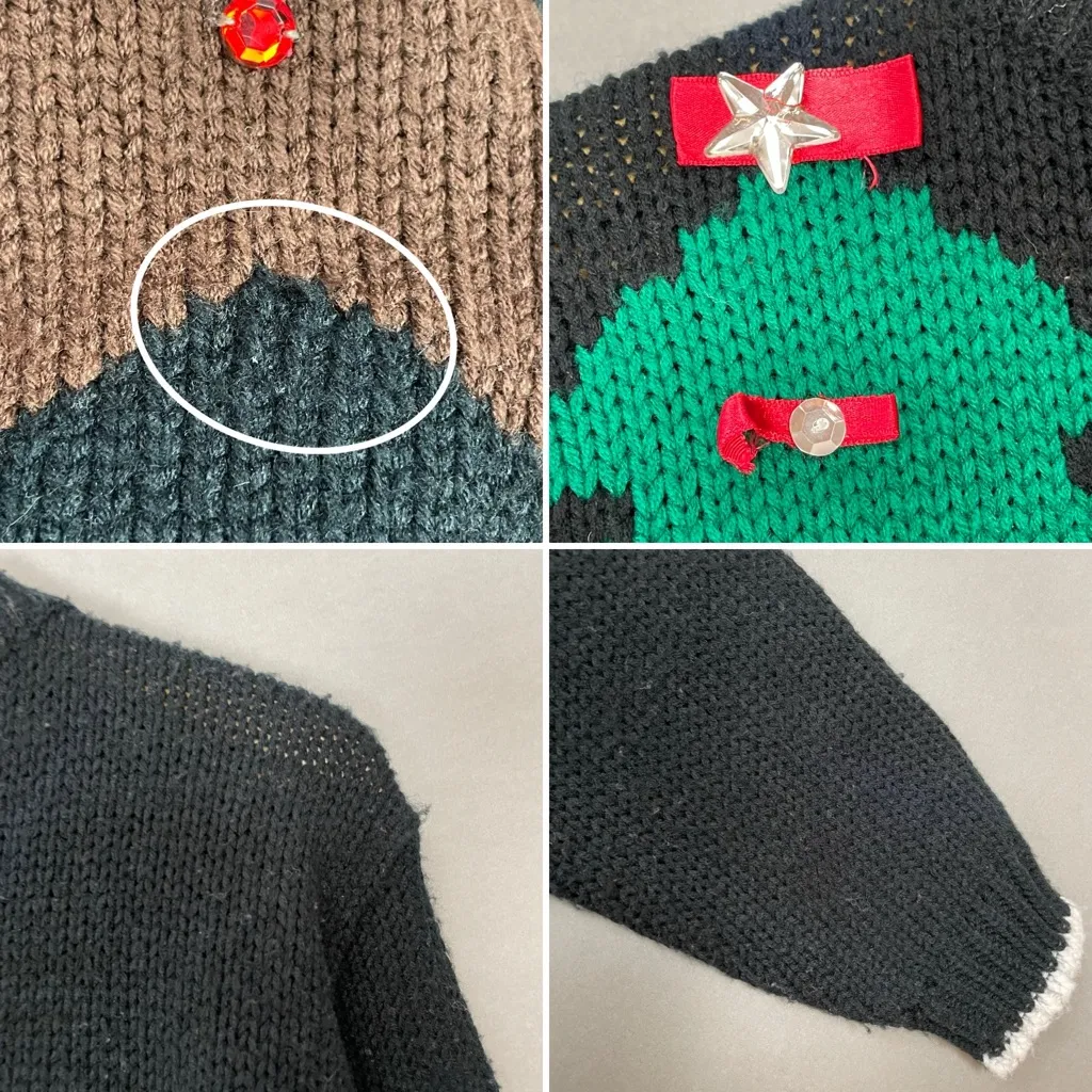 Vintage Christmas Sweater Teddy Bear Quirky Ugly Fun Tree FLAWS Women Medium Black - Image 4