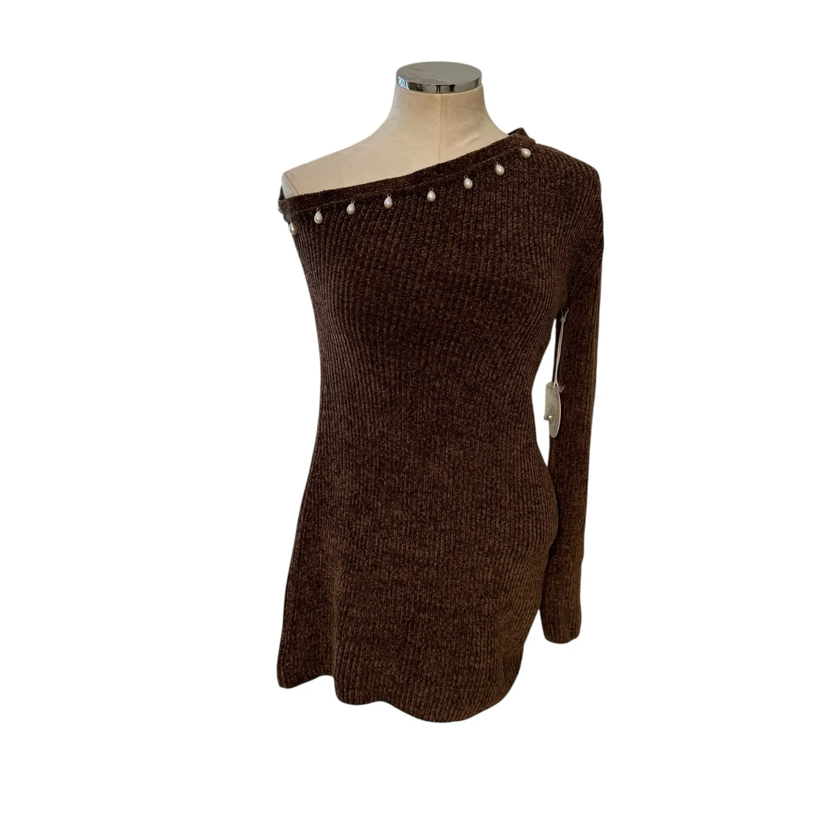 Staud Lindsey Dress Mocha off shoulder long sleeve dress pearl beaded collar NWT - Image 6