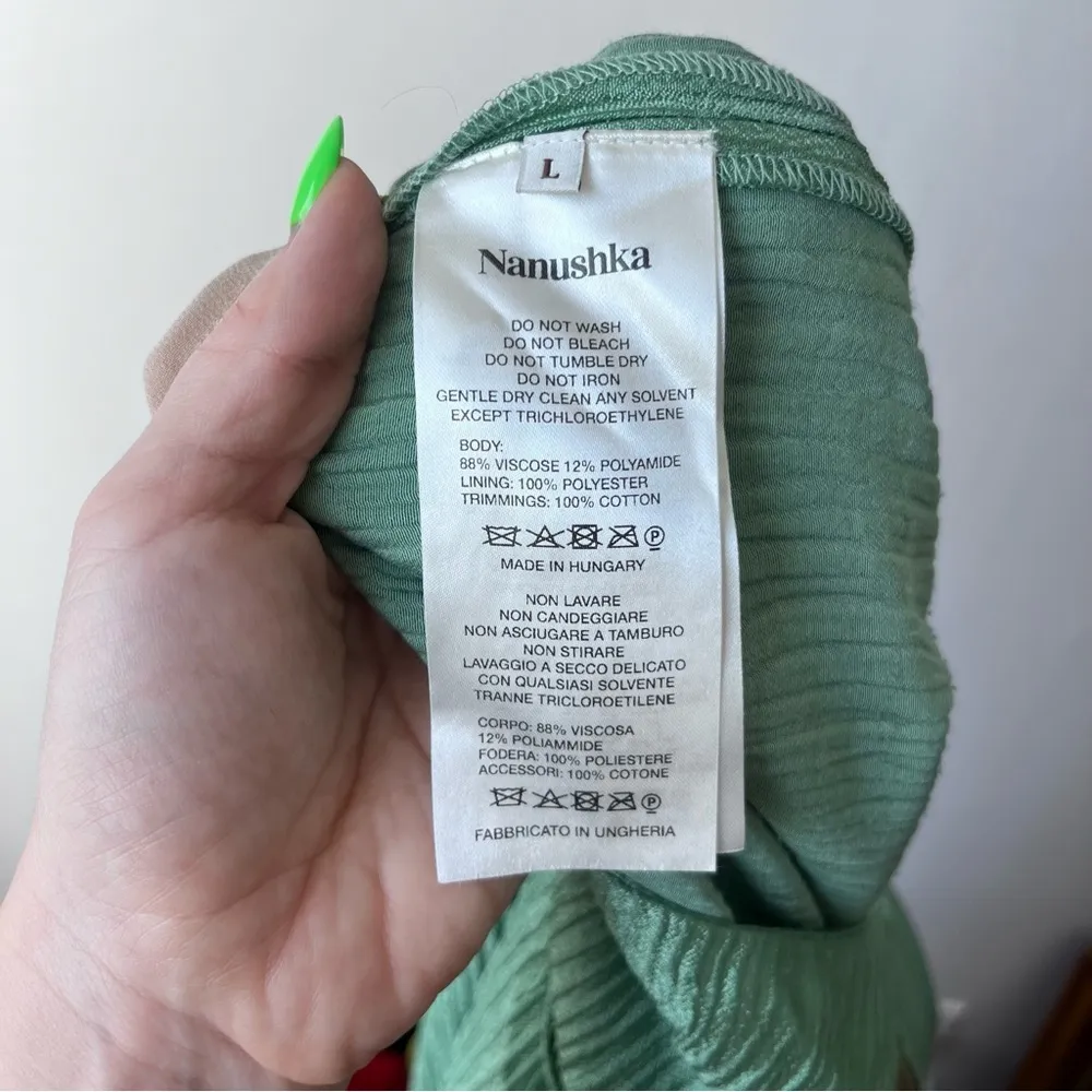 Nanushka Tabbie Green Metallic Crinkled Viscose Wide Leg Plisse Crepe Trousers L Size L - Image 11