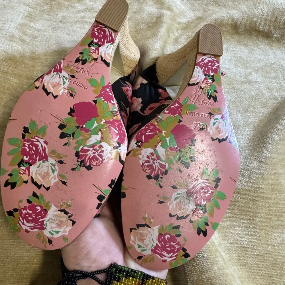 Vintage Betsy Johnson pink rose espadrille wedge high heels 7.5 open toe bows - Image 4