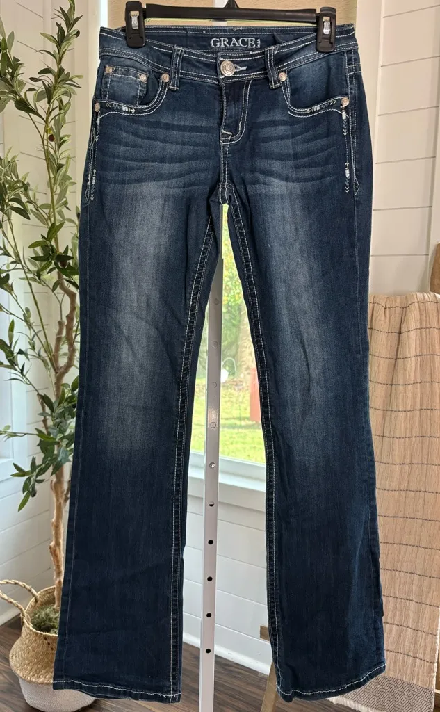 Women's Grace in LA Bootcut Denim Blue Jeans, Aztec, Wide Stitching, 27 - Image 1