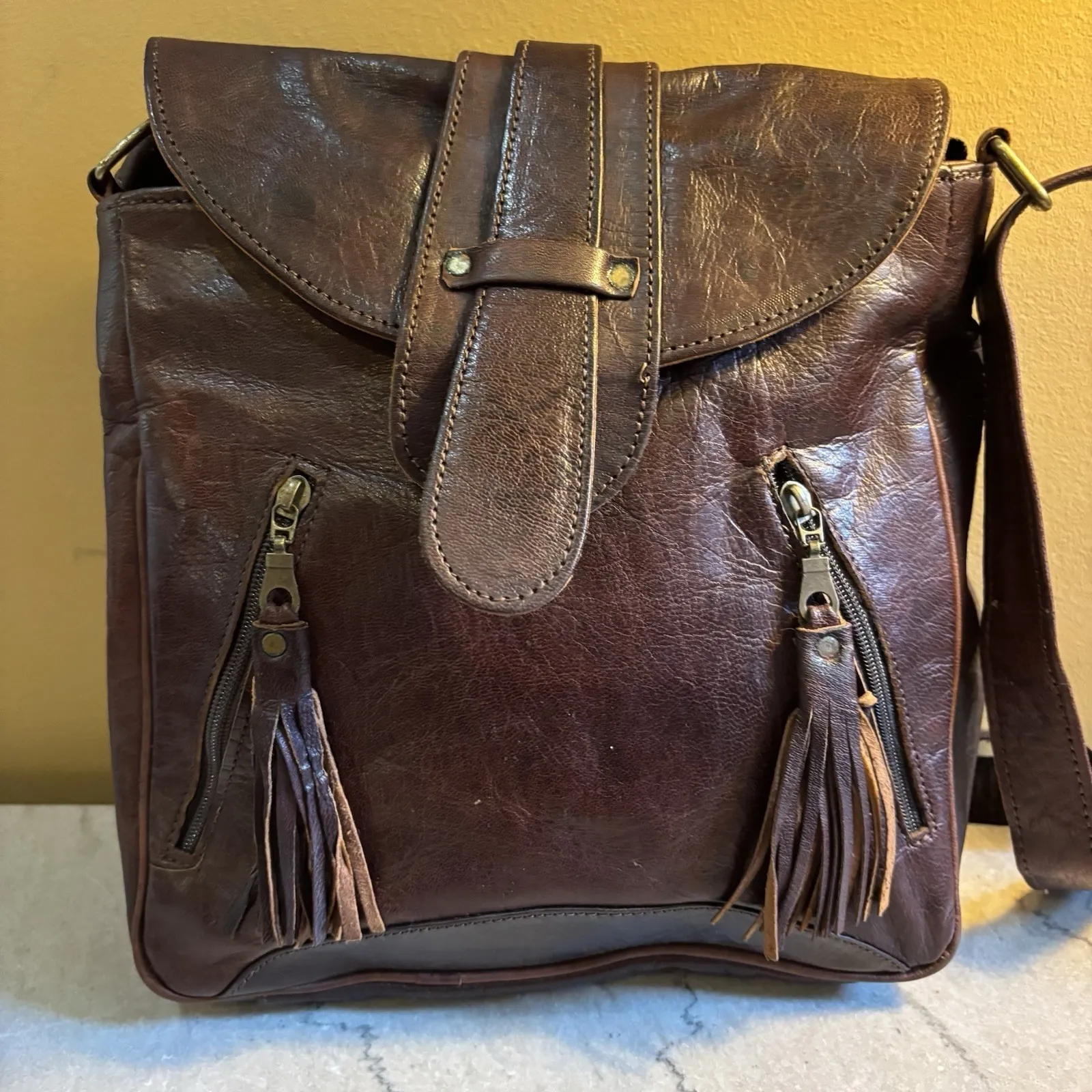 Hand Tooled Brown Leather Small Messenger Crossbody Bag Fringe boho Y2K Vintage - Image 2
