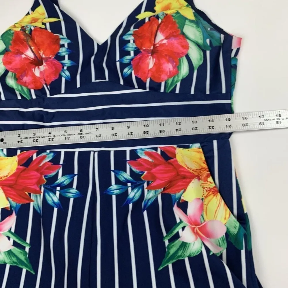Chicways Floral and Striped Jumpsuit Size Large Hibiscus Flower Vneck blue - Image 7
