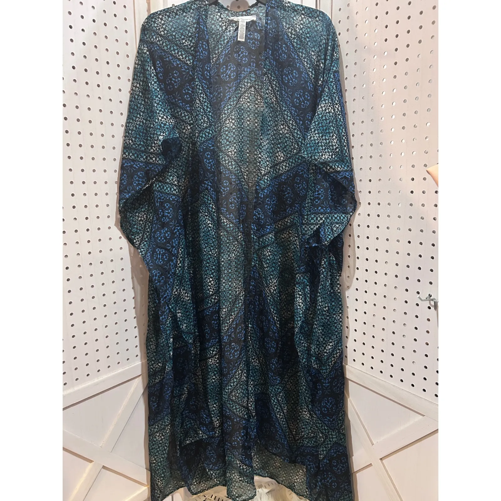 BCBGENERATION Blue Teal Geometric Print Sheer Duster Kimono Cardigan - Image 3