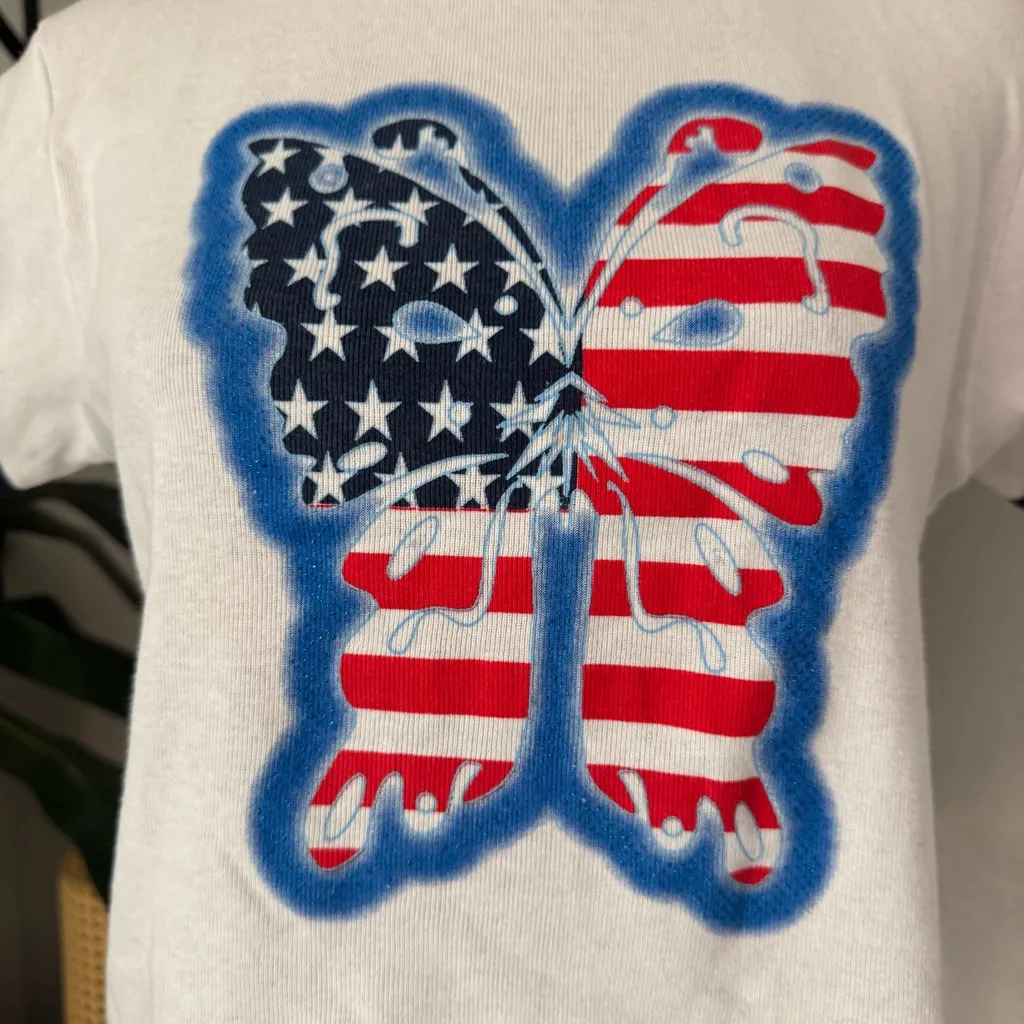 Vintage Y2K American Flag Butterfly Ringer Graphic Baby Doll T - Image 2