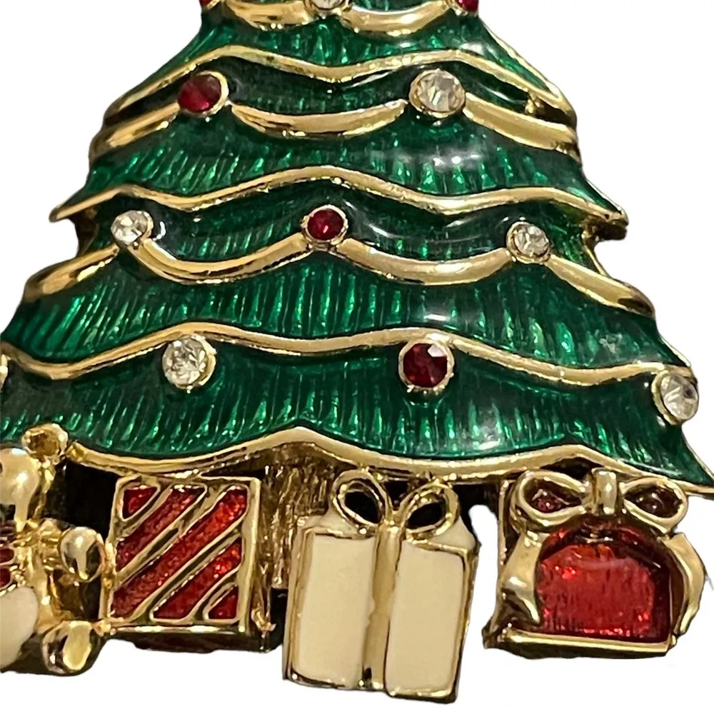 Monet Vintage Brooch Pin Christmas Tree Bear Presents Rhinestone Gold Tone EUC - Image 7