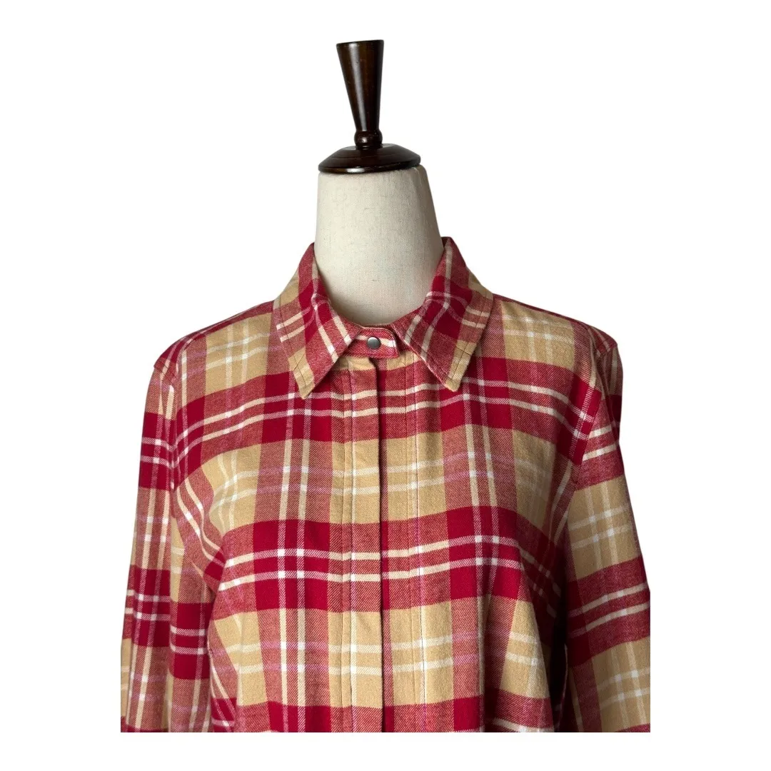 Tyler Boe Shirt Women Medium Red Tan Plaid Cotton Flannel Button Down Top Preppy - Image 4