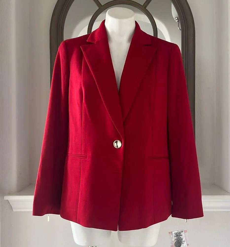 Kasper Zip Cuff Notched Collar One-Button Blazer in Red Petite Size 10, New $129 - Image 10