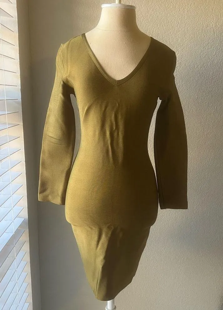 Women's Sage Green Knit Bodycon Dress Size L Long Sleeve V - Image 2
