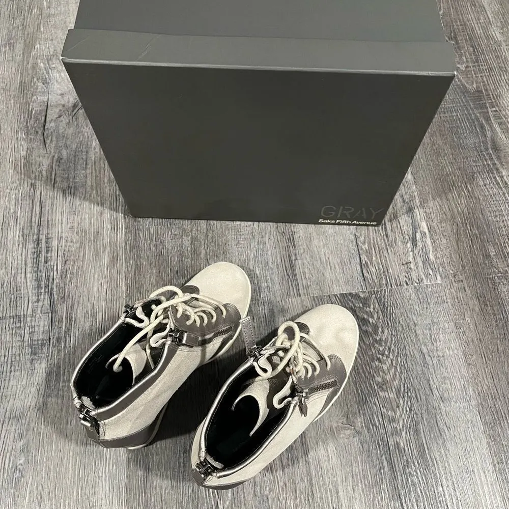 Gray for Saks Fifth Avenue Suede Leather Metallic Lace Up Wedge Booties sz 6.5 - Image 5