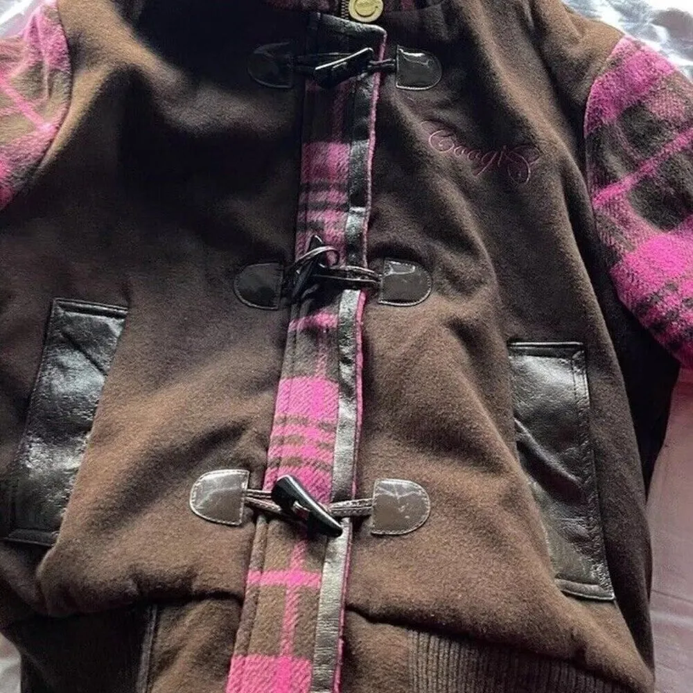 Vintage Coogi Women’s XL Plaid Wool Blend Hooded Full Zip Jacket Pink Brown Y2K - Image 8