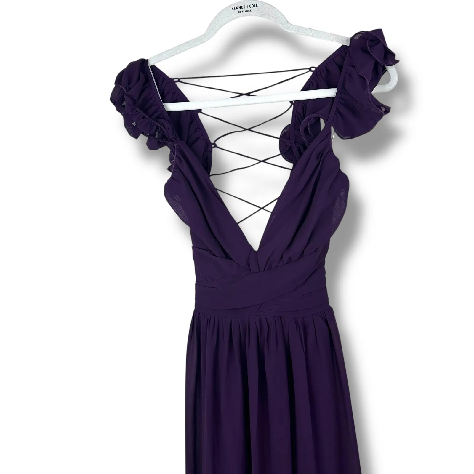 Lulus NWT Soiree Celebration Purple Ruffled Lace-Up Chiffon Maxi Dress Small - Image 4