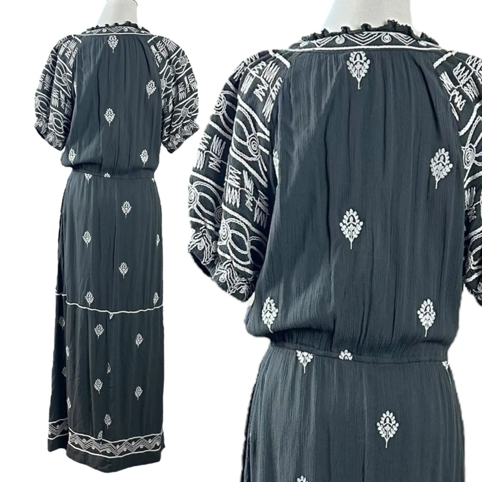 Free People Riley Embroidered Midi Maxi Dress Duster Black Grey Bohemian Medium - Image 10