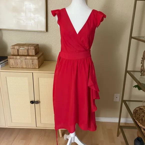 BHLDN Hitherto Anthropologie Red Sydney Wrap Dress‎ Cap Sleeve Size 8 - Image 2
