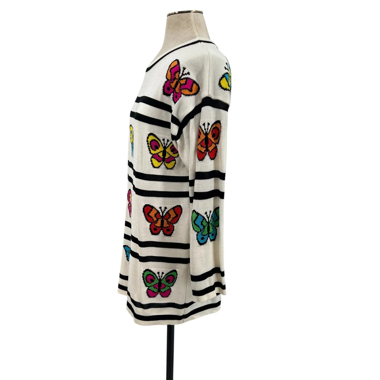 Escada‎ Vintage Sweater Butterfly Stripe Print Cotton Cream Black Size 36 US 6 - Image 5