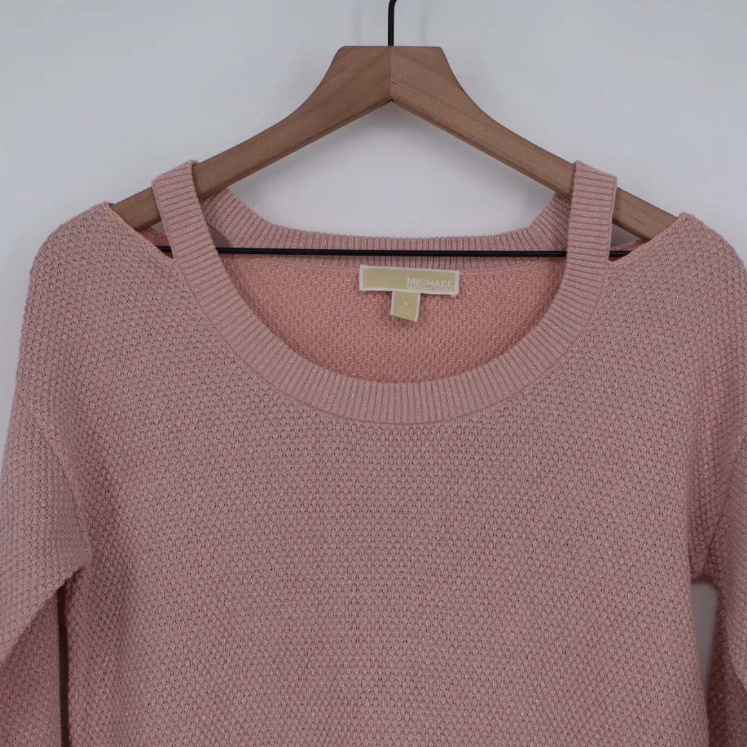 Michael Kors Pink Cold Shoulder Sweater Metallic Knit Pullover Size S - Image 4