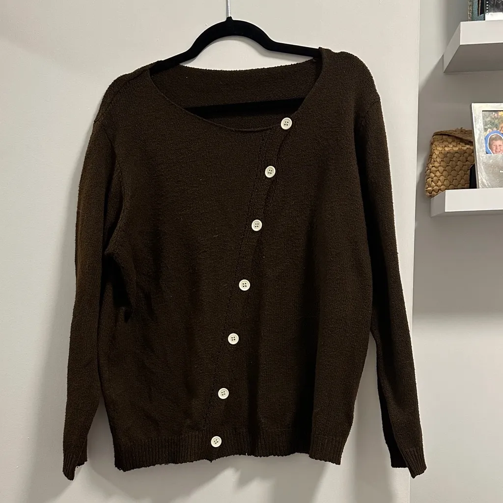 SHEIN asymmetrical diagonal button down brown sweater - Image 4